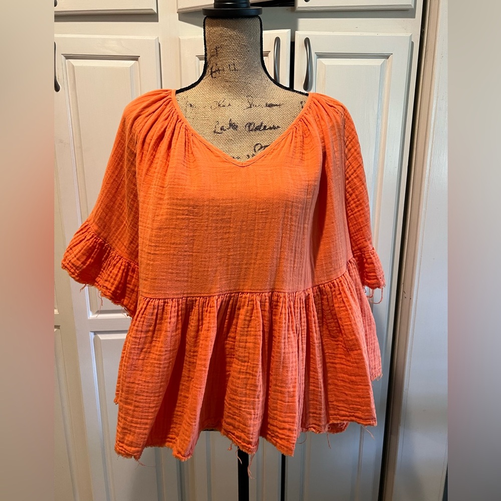 Stark X Gauze Ruffle Sleeve scoop Neck Orange Top Large